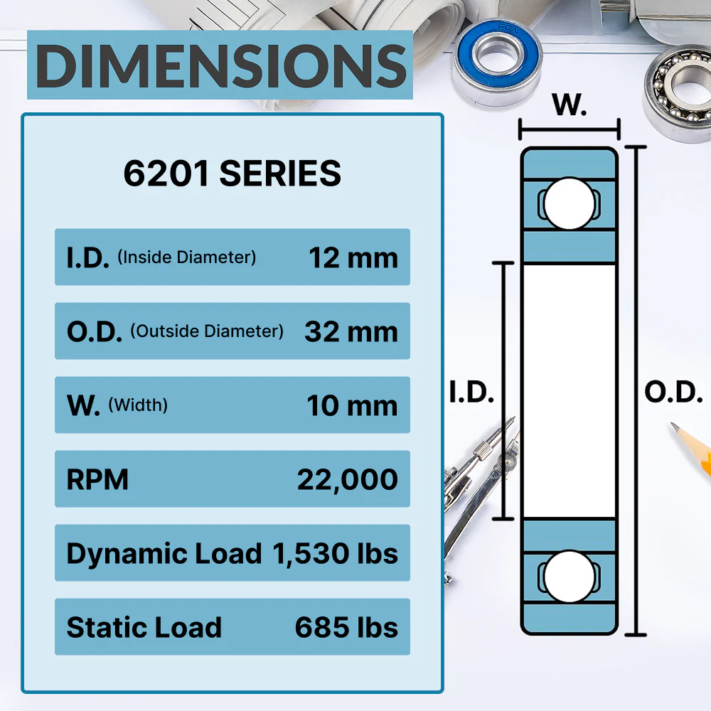 6201-ZZ Ball Bearing - C3 Clearance - 12x32x10 - Image 3