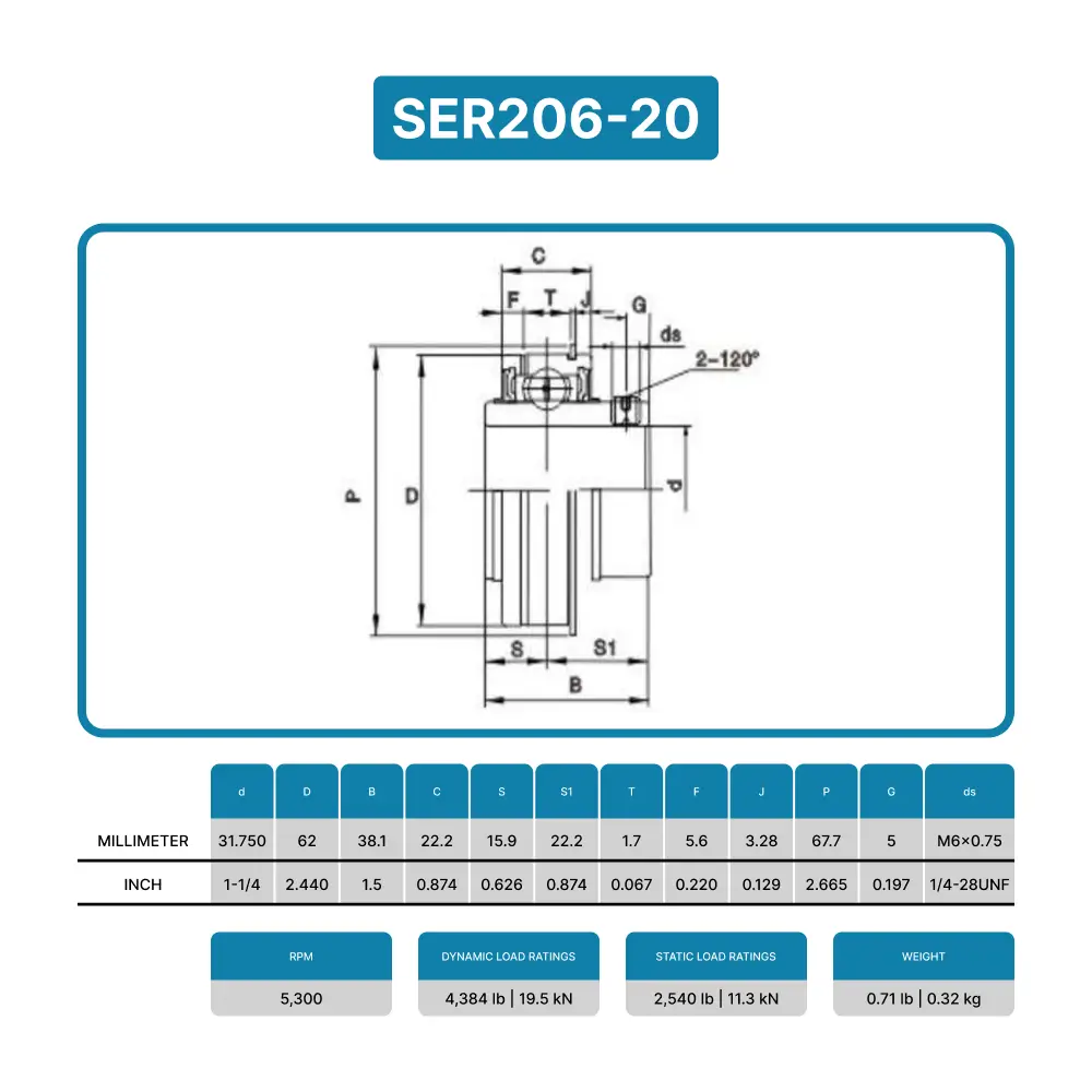 SER206-20 - 1-1/4" Bore Insert Ball Bearing with Snap Ring - Image 3
